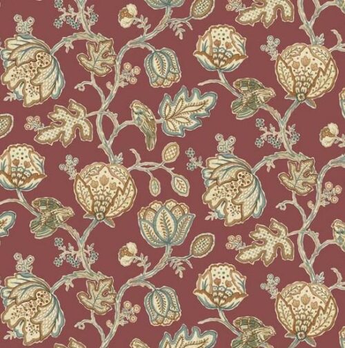 Orkney, Theodesia Red. Morris & Co. Creme bloemknoppen op rode achtergrond.
