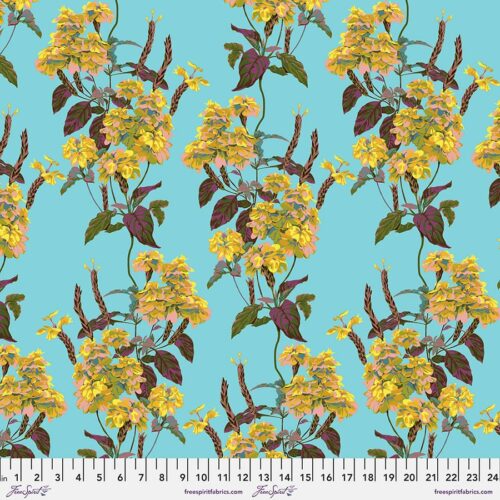 Raiment - September, collectie Fluent. Kleurrijke gele bloemen op turquoise achtergrond.