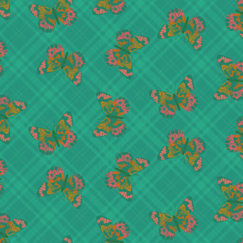 Flutter, collectie Field Cloth van ontwerper Sew Kind of Wonder voor Free Spirit. Oranje vlinder tegen groene achtergrond, quiltstof, 100% katoen