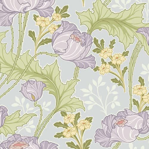 Lilly Purple Fleur Nouveau uit de Andover collection, 703-P. Pastel-groene quiltstof met paarse bloemen in art nouveau stijl. Quiltstof, 100% katoen,