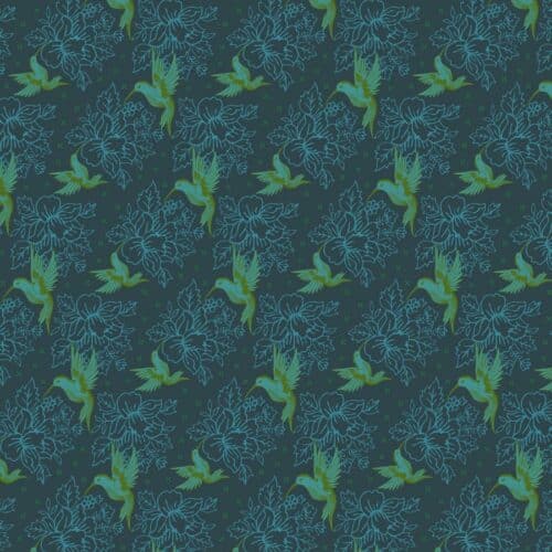 Enchanted, collectie Field Cloth van ontwerper Sew Kind of Wonder voor Free Spirit. Blauw-groene vogels tegen blauwe achtergrond, quiltstof, 100% katoen