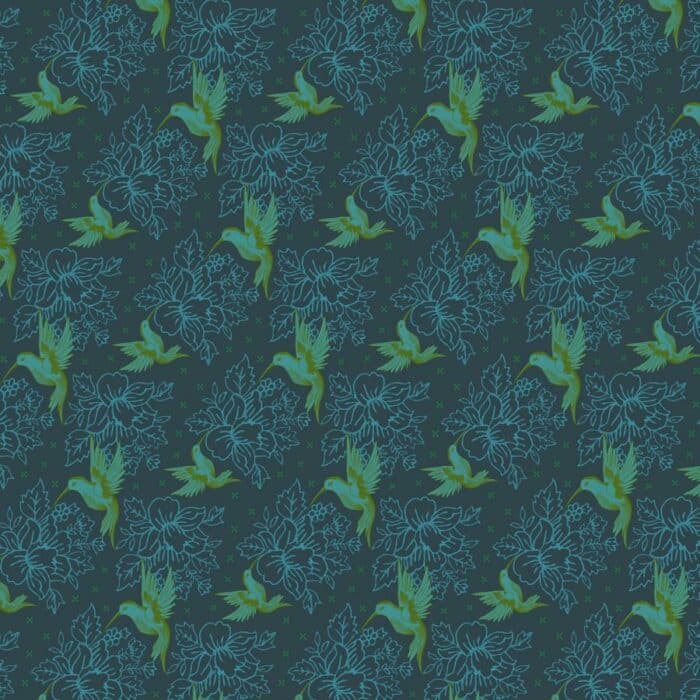 Enchanted, collectie Field Cloth van ontwerper Sew Kind of Wonder voor Free Spirit. Blauw-groene vogels tegen blauwe achtergrond, quiltstof, 100% katoen