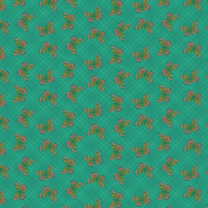 Flutter, collectie Field Cloth van ontwerper Sew Kind of Wonder voor Free Spirit. Oranje vlinder tegen groene achtergrond, quiltstof, 100% katoen