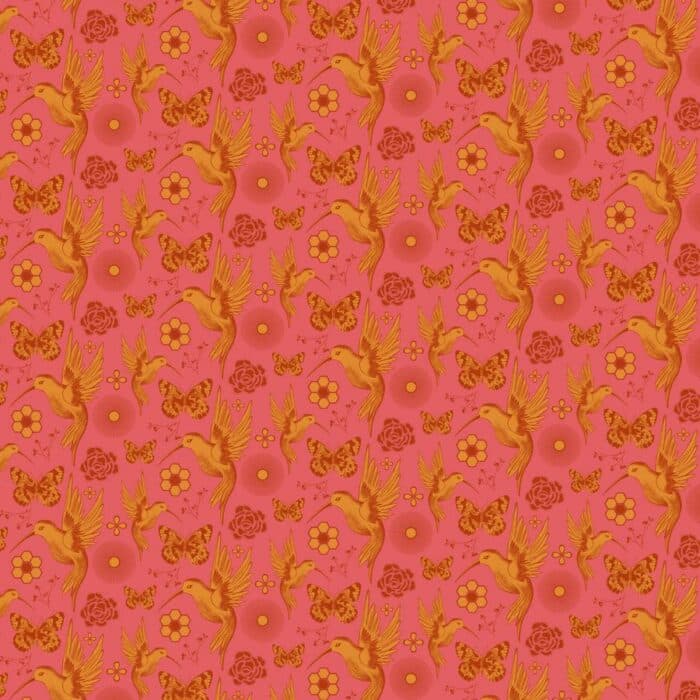 Meadow, collectie Field Cloth van ontwerper Sew Kind of Wonder voor Free Spirit. Oranje vogels tegen roze-rode achtergrond, quiltstof, 100% katoen