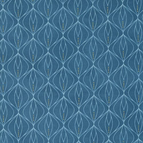 Blauwe quilt stof  met grafisch motief uit de Moda-collectie Flirtation ontworpen door Zen Chic. Quiltstof, 100% katoen