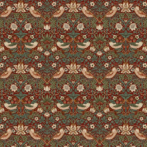 100% katoen quiltstof reproductie William Morris rood groen met oranje vogels takken