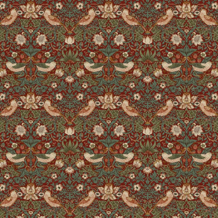 100% katoen quiltstof reproductie William Morris rood groen met oranje vogels takken