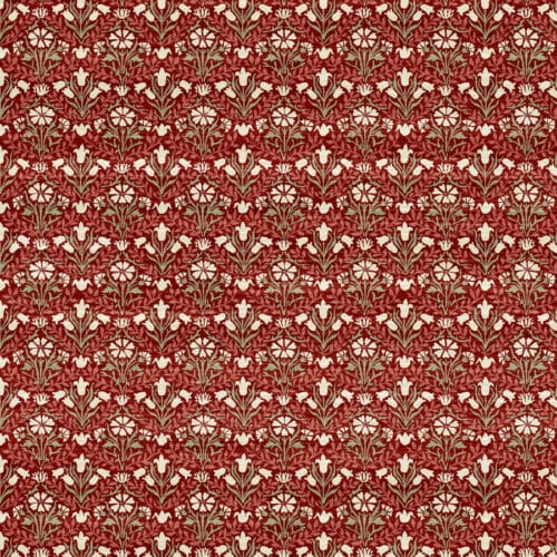 Bellflowers collectie Cotswold. Witte bloemetjes op een rood en groene achtergrond in William Morris quiltstof. 100% Katoen,