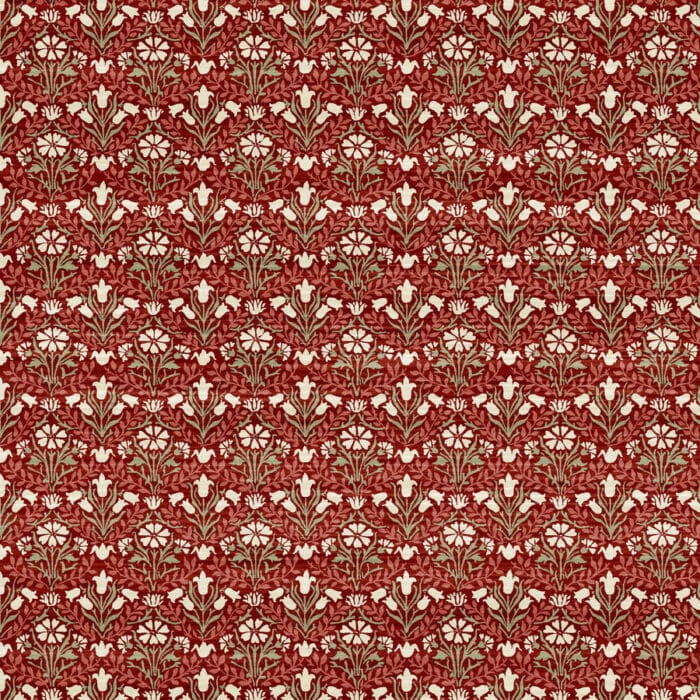 Bellflowers collectie Cotswold. Witte bloemetjes op een rood en groene achtergrond in William Morris quiltstof. 100% Katoen,