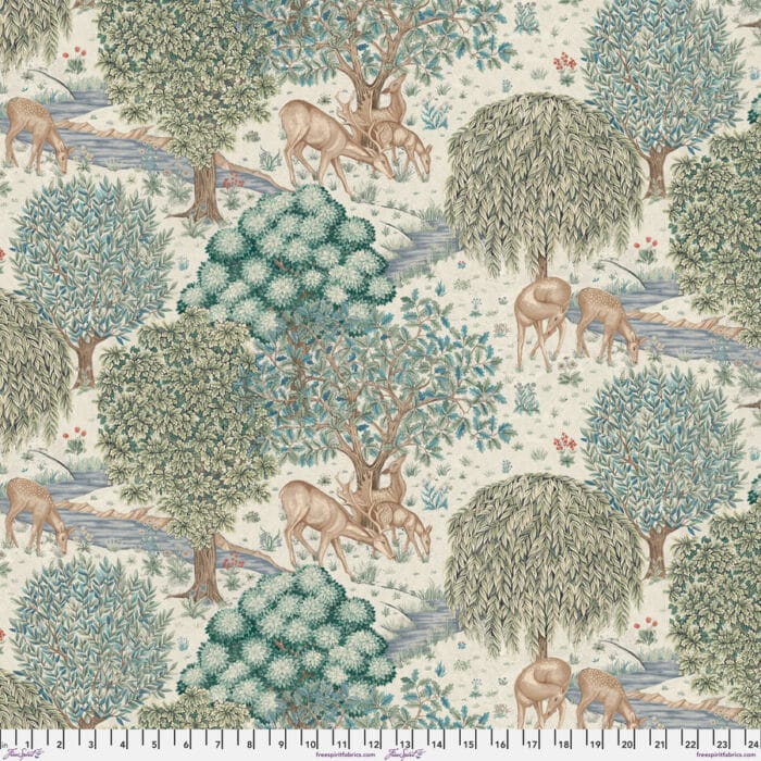 William Morris quiltstof grijs-blauw en crème reproductie met dieren en bomen