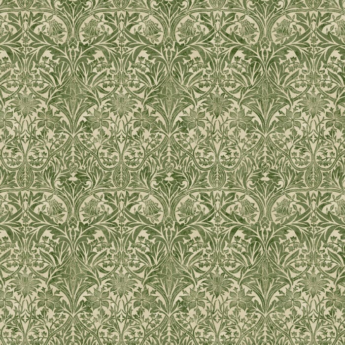 Medium Bluebell - Cotswold, groen. De stoffen collectie is een reproductie van William Morris, van de Arts and Crafts. Zacht groen met natuurlijk motief met bloemen. Quiltstof, 100% katoen