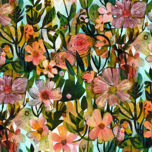 Anemones, collectie In the Pink van Este MacLeod. Oranje bloemen tegen blauw-groene achtergrond, quiltstof, 100% katoen
