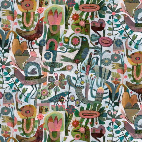 Coucal, collectie In the Pink van Este MacLeod. Abstracte vogels en natuurmotieven in groen-blauw en oranje. Quiltstof, 100% katoen