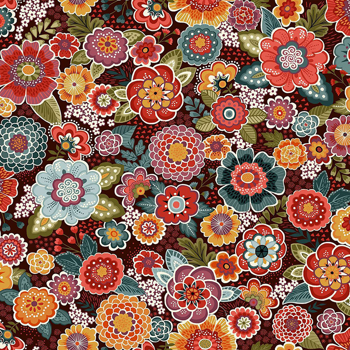 Floral Brown 056V van Alexandra Bordallo in de collectie Revival. Veelkleurige quiltstof met bloemen.