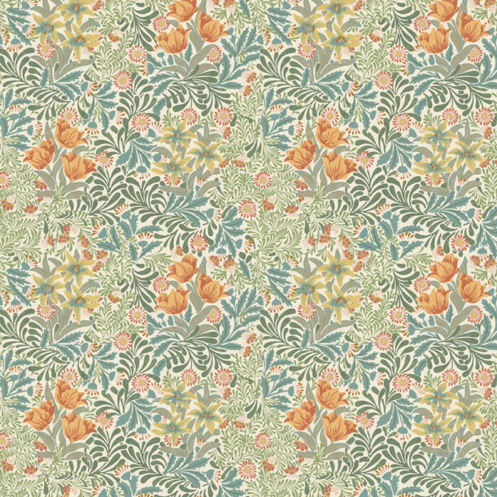 Reproductiestof met natuurlijke motieven: bloemen en takken. groen en oranje quiltstof