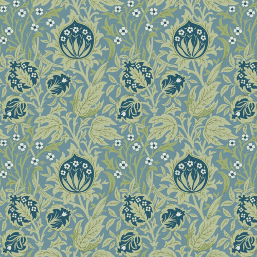 Reproductiestof met natuurlijke motieven van blauw-groene bloemen. quiltstof 100% katoen