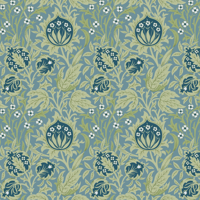 Reproductiestof met natuurlijke motieven van blauw-groene bloemen. quiltstof 100% katoen