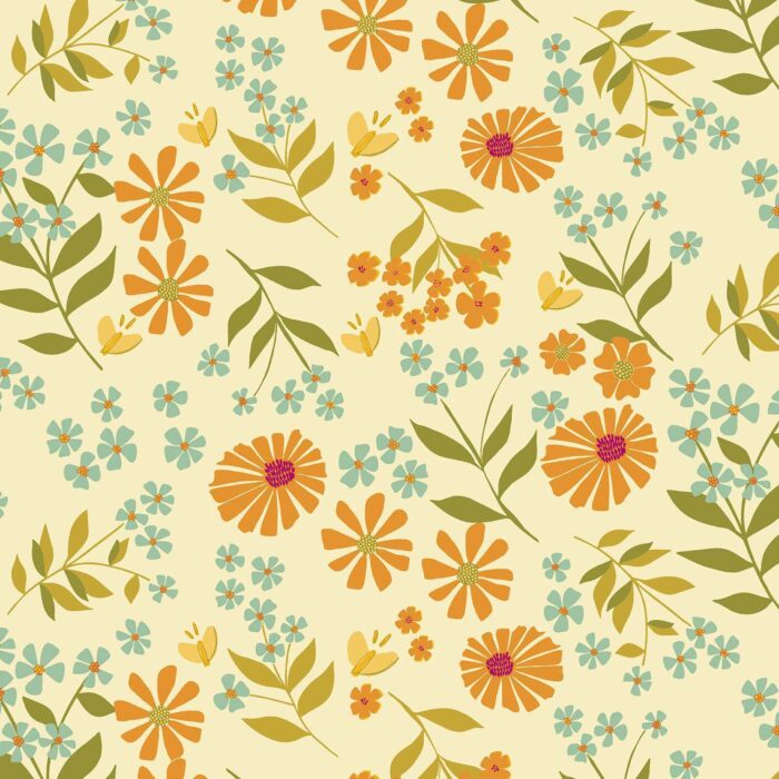 1067L Honeydew collectie Winged Garden van Alexandra Bordallo. Crème quiltstof met veelkleurig motief van bladeren en oranje bloemen. Quiltstof, 100% katoen