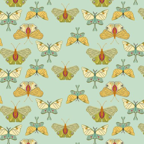 1068T Fluttering Delight collectie Winged Garden van Alexandra Bordallo. Blauw-groene quiltstof met veelkleurig motief van vlinders, 100% katoen