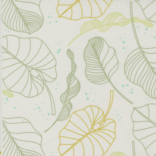 Olive You Leaves Fog 1880 12 Grijze quiltstof  met groene getekende bladeren en grafisch motief van gele accenten. Uit de Moda-collectie Olive You, ontworpen door Zen Chic. Quiltstof, 100% katoen